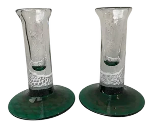 1990s Mid-Century Modern Blenko Green Base Candlesticks - a Pair