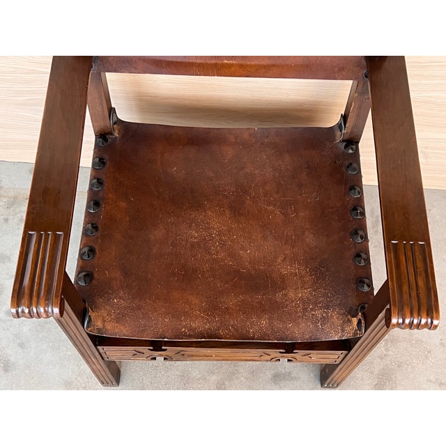 Brown 19th Century Spanish Colonial Altar Carved Armchair With Leather Seat and Back For Sale - Image 8 of 12