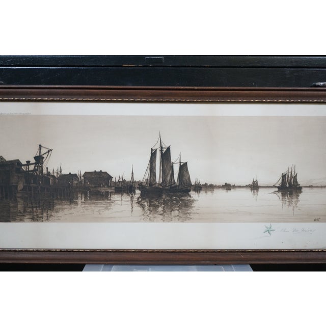 Antique Charles Mielatz Signed Rhode Island Fishing Boat Harbor Etching 27" For Sale - Image 4 of 15