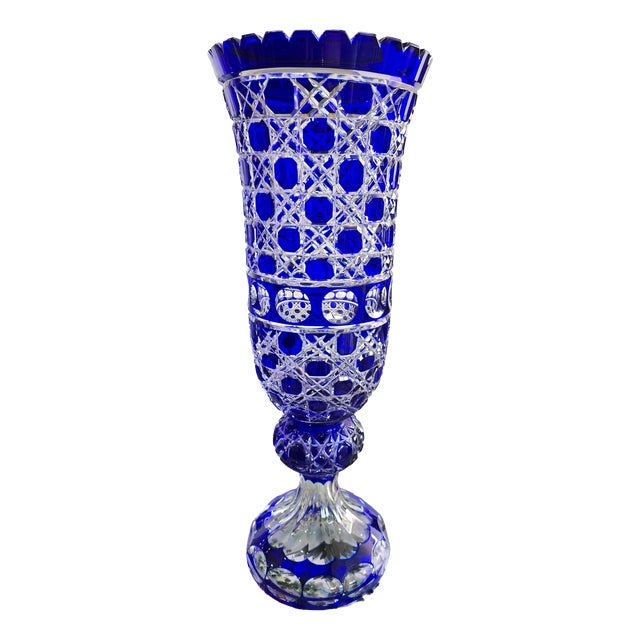 Large Cobalt Blue Cut Crystal Vase from Les Grands Ducs, 1980s For Sale