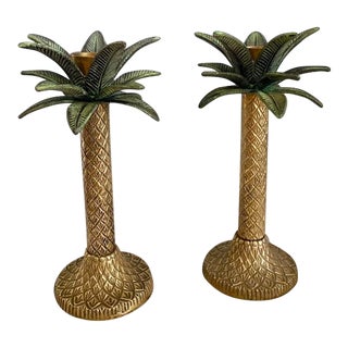 Vintage Hollywood Regency Style Polished Brass Tropical Palm Tree Candlesticks- a Pair For Sale