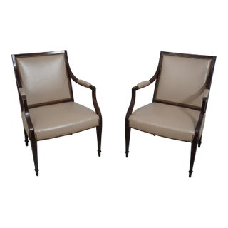 Pair Tan Leather Mahogany Open Armchairs For Sale