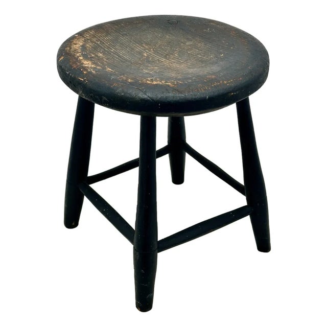 Very Nice Hand Made Antique American Primitive Pine Wood Footstool With Excellent Original Old Black Paint For Sale