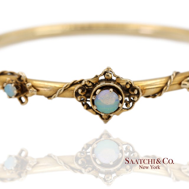 Vintage 14k 585 Solid Yellow Gold Natural Opal Bangale Bracelet For Sale In New York - Image 6 of 12