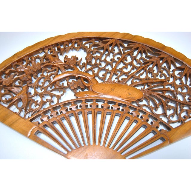 1930s Japanese Rosewood Scuptured Wall Fan With Cherry Blossom Birds and Bamboo Trees For Sale - Image 5 of 9
