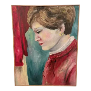 Impressionist Figurative Original Portrait Painting of a "Woman in Red" Midcentury