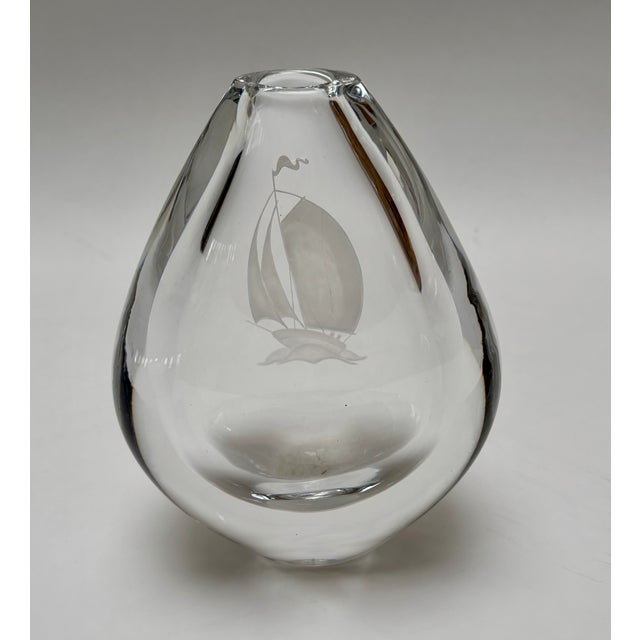 Designed by Sven Palmqvist for Orrefors-Engraved glass vase, decorated with sail boat being of heavy tear drop form....