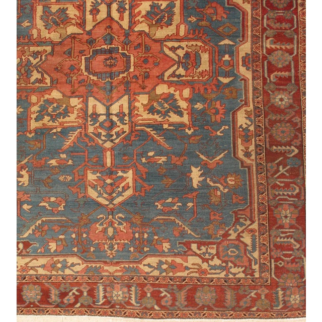 Late 19th Century Antique Persian Serapi Handmade Light Blue, Ivory & Rusty Red Rug For Sale - Image 5 of 12
