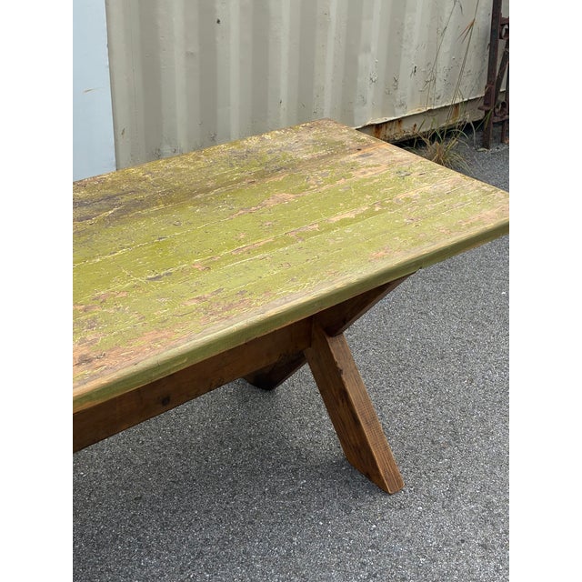 Wood Pine Trestle Base Farmhouse Table For Sale - Image 7 of 18