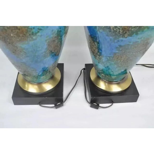 Mid Century Italian Modern Blue Glazed Ceramic Pottery "Earth" Table Lamp - Pair For Sale - Image 9 of 10