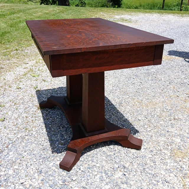 Antique Mission Quarter Sawn Oak Double Pedestal Library Table 1920 For Sale - Image 4 of 17