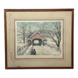 Rare Blendon Reed Campbell Covered Bridge Winchester Nh Winter Monotype Painting