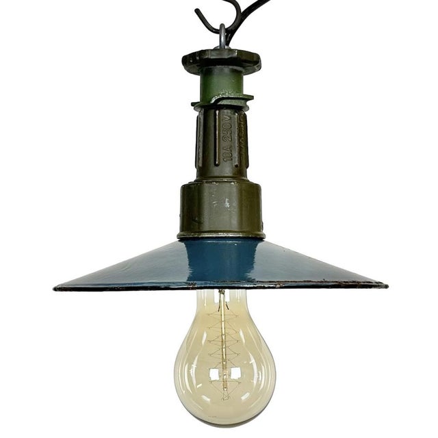 Industrial Blue Enamel Factory Pendant Lamp with Cast Aluminium Top, 1960s For Sale - Image 16 of 16