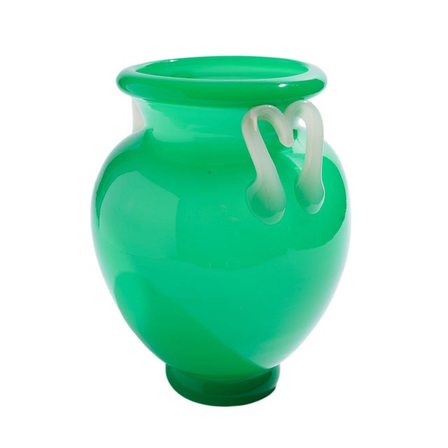 Large blown jade glass amphora with applied alabaster opaline handles. Unsigned but attributed to Steuben. New York, circa...