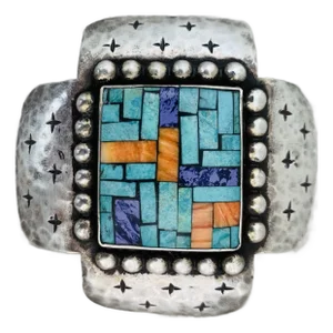 Vintage Early Dian Malouf Silver Hammered Cross Pin, Brooch- Turquoise, Sugilite, Spiny Oyster Mosaic Center, Beaded Surround & Incised Cross Pattern
