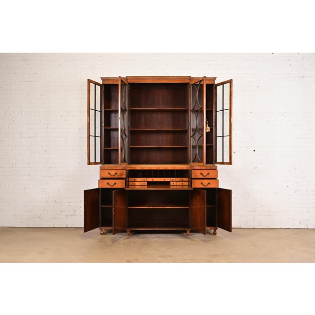 1960s Baker Furniture Georgian Inlaid Mahogany Breakfront Bookcase Cabinet With Drop Front Secretary Desk, Circa 1960s For Sale - Image 5 of 14