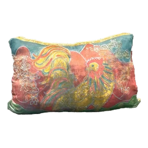 1950s Fortuny Italian Luxury Oversized Silk Hand Painted Rooster Sofa Throw Pillow