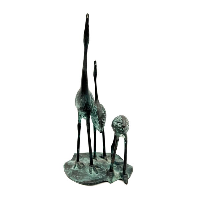 Vintage Verdigris Bronze Crane Trio Sculpture - Mid-Century, Asian Inspired, Coastal For Sale In Houston - Image 6 of 12