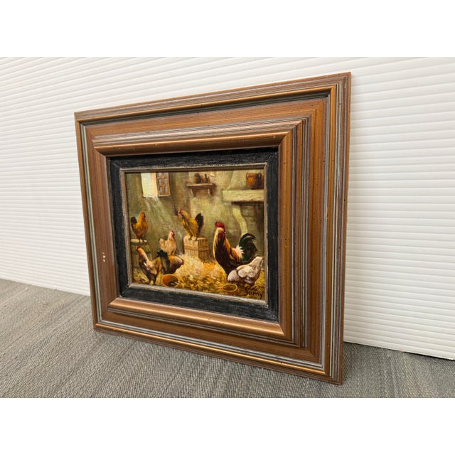 Rustic European Samy Chickens in a Henhouse Painting, Signed For Sale - Image 3 of 12