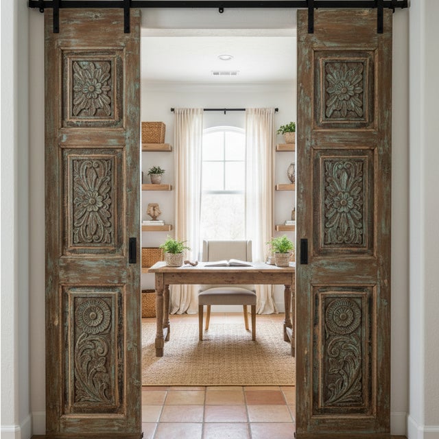 Mid-Century Modern Antique Indian Carved Closet Door With Blue Floral Motif | Hinged or Sliding Barn Door Panel 80x35 For Sale - Image 3 of 3