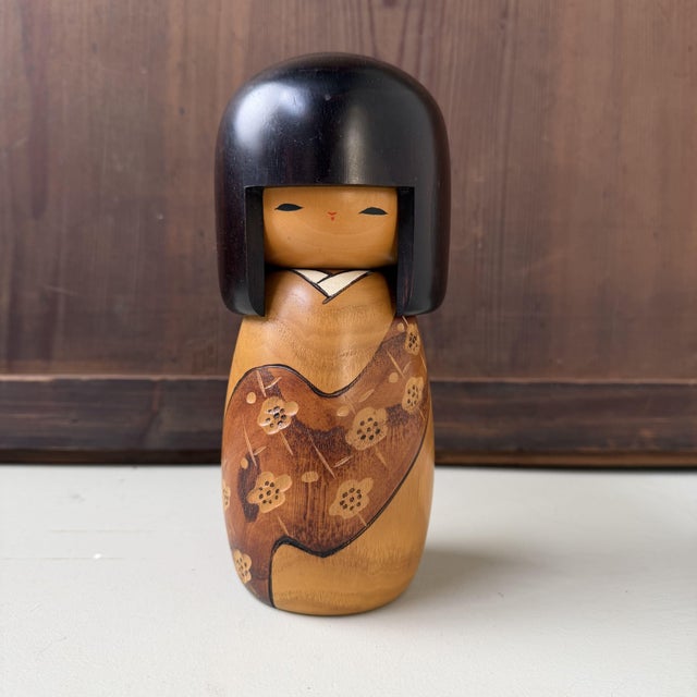 Wood Vintage Japanese Usaburo Kokeshi with Ume Blossoms, 1997 For Sale - Image 7 of 7