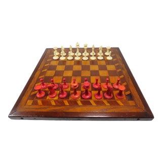 Antique Chess Set With Hand Made Multiple Wood Inlay Game Board For Sale