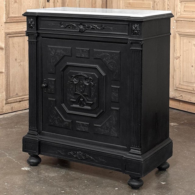 Mid 19th Century 19th Century French Napoleon III Ebonized Neoclassical Cabinet With Carrara Marble For Sale - Image 5 of 18