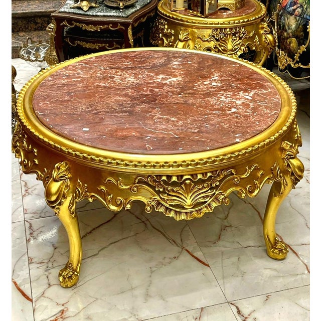 French French-Style Round Coffee Table – Large Marble Top With Ornate Gold Leaf Frame & Carved Details For Sale - Image 3 of 4