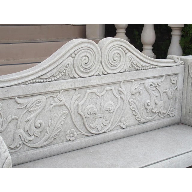 Italian Carved Italian Limestone Garden Bench With Fleur De Lys and Acanthus Decoration For Sale - Image 3 of 12