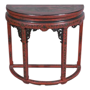 Chinese Red Chinoiserie Demilune Console Table