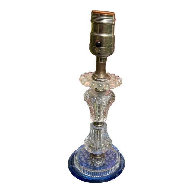 Vintage Clear & Blue Glass Table Lamp For Sale