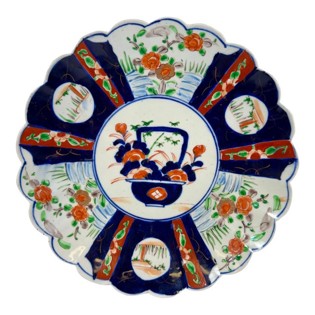 Large Antique Scalloped Edge Porcelain Imari Plate Decorated With Rich Colored Floral & Landscape Scenes From Japan - Circa 1880 For Sale