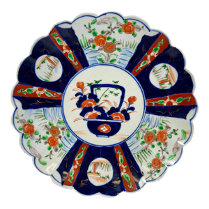 Large Antique Scalloped Edge Porcelain Imari Plate Decorated With Rich Colored Floral & Landscape Scenes From Japan - Circa 1880