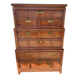 1970s Vintage Wood & Brass Highboy Dresser by Thomasville. For Sale