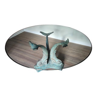 Large Brass Pedestal Dining Table Base -- Verdigris Finish + Cement Top For Sale