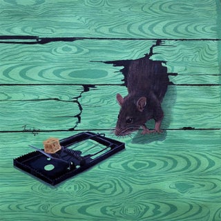 Portrait of my Co-tenant I by Joseph Idowu | Acrylic on canvas of a mouse near a trap For Sale