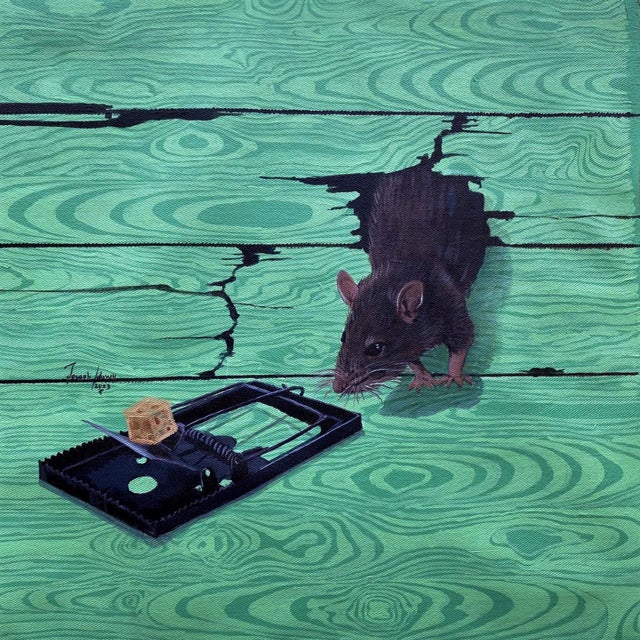 Portrait of my Co-tenant I by Joseph Idowu | Acrylic on canvas of a mouse near a trap For Sale