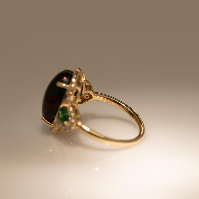 Black 3.8Ct Black Opal Ring With Natural Diamond & Tsavorite Accents: Solid 14k Gold, Size 6.75 For Sale - Image 8 of 8