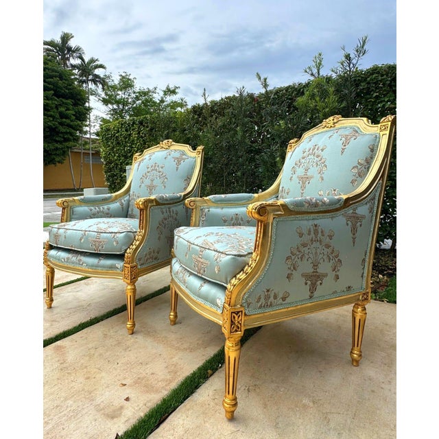 French French Louis XV Style Blue-Green Bergere Wing Chair Set of 2 With Gold Leaf Details For Sale - Image 3 of 10