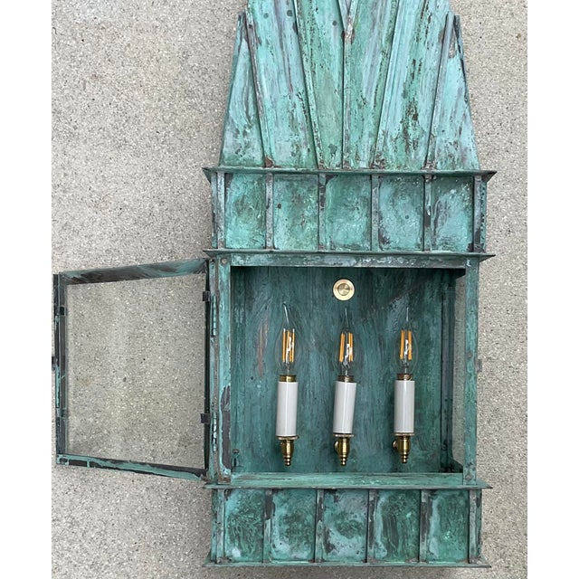 Single Monumental Art Deco Style Verdigris Copper & Brass Wall Lantern For Sale - Image 13 of 14