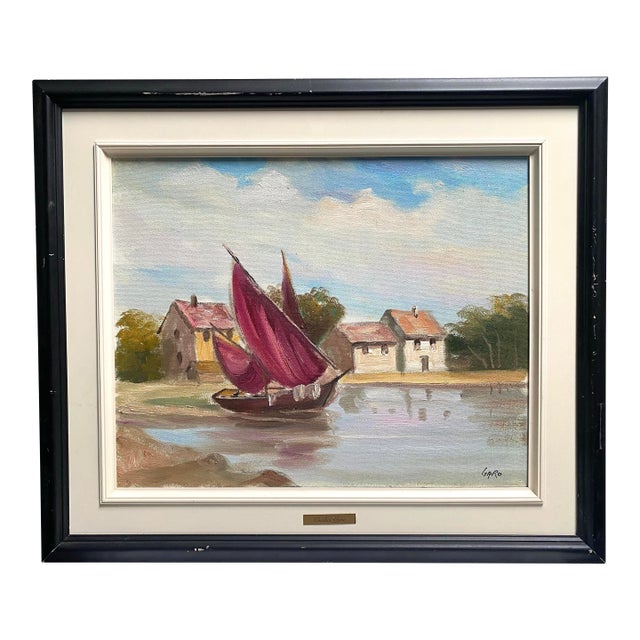 1990s Charles Garo Tatossian Original Signed Coastal Sailboat Painting For Sale