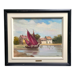 1990s Charles Garo Tatossian Original Signed Coastal Sailboat Painting