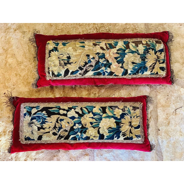 Antique 18th Century European Verdure Tapestry Fragment Velvet Pillows With Bullion Fringe- A Matching Pair For Sale - Image 10 of 10