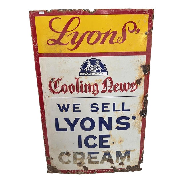 Large Enamel Lyons Ice Cream Sign, 1940s For Sale