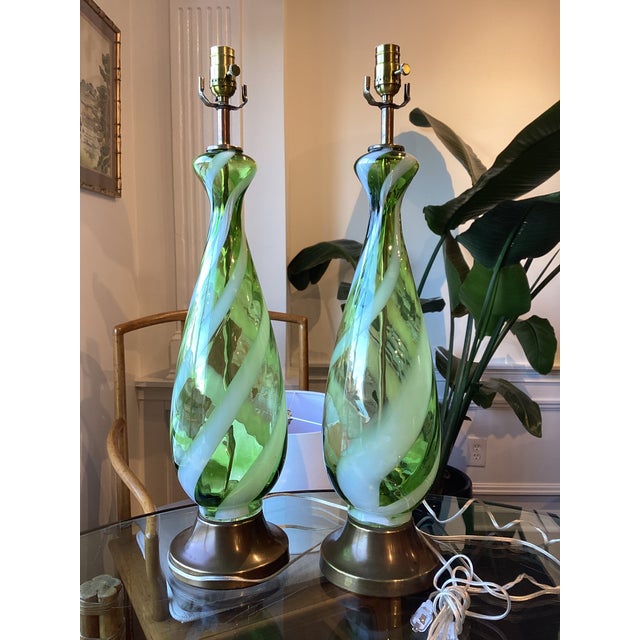 Vintage Italian Murano Green & White Spiral Art Glass Table Lamps – Restored & Rewired - Pair For Sale - Image 9 of 9
