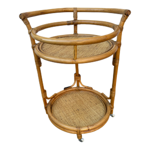 Mid 20th Century Italian Round Bamboo & Rattan Serving Bar Cart Trolley