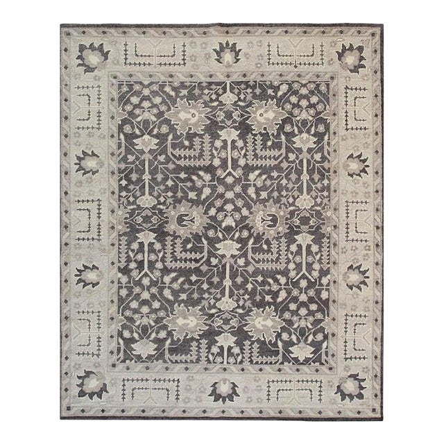 10x14 Gray Hand-Knotted Wool Floral Scepter Motifs Geometric Modern Carpet Rug For Sale