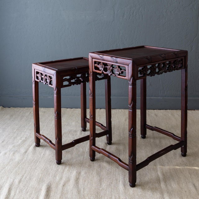 Asian Rosewood Nesting Tables With Carved Bamboo Bird and Flower Fretwork For Sale - Image 9 of 18
