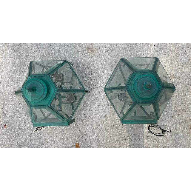 Pair of Vintage Solid Brass Wall Lanterns – Large Beveled Glass Sconces For Sale - Image 11 of 17