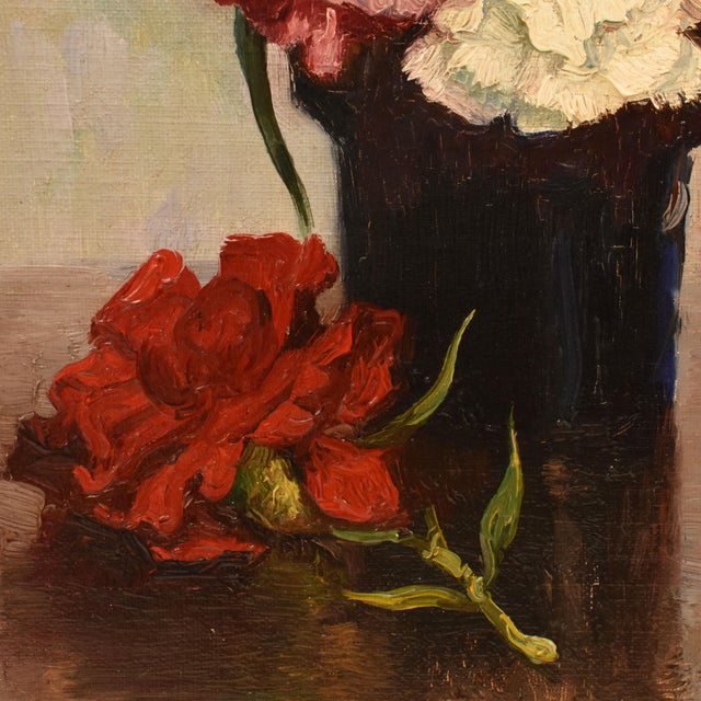 1920s Léon Laurent Galand, Still Life Flowers Vase Carnations, 1920s, Oil on Canvas For Sale - Image 5 of 11